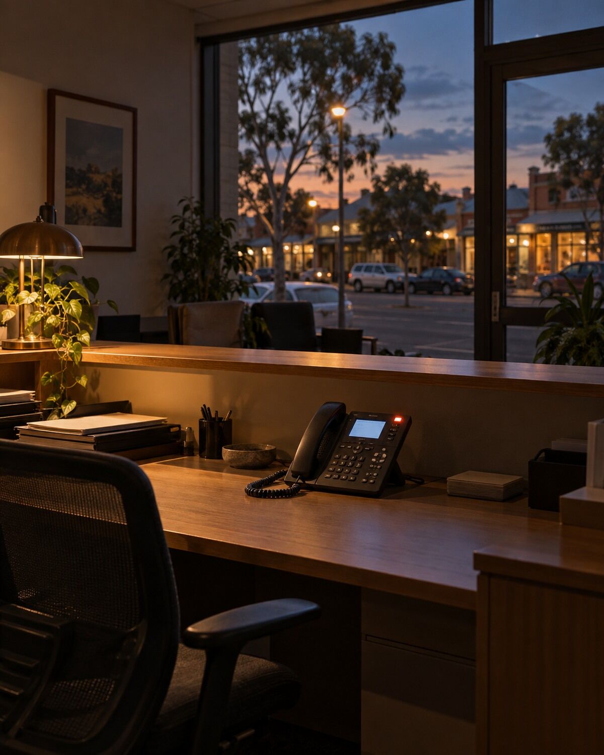 A small office reception after hours