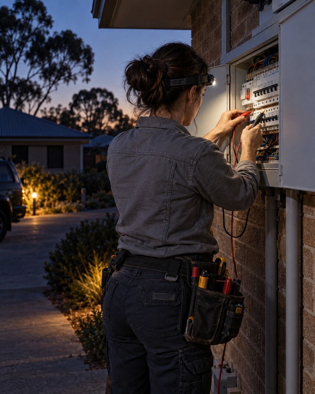 An electrician testing a switchboard at dusk
