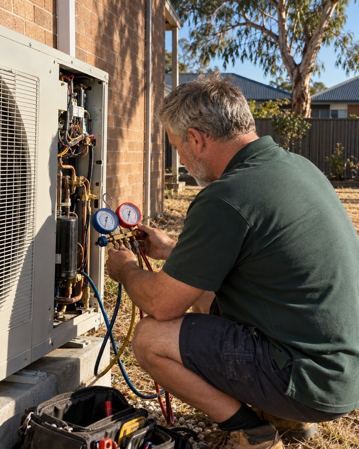 A technician servicing an outdoor air conditioning unit