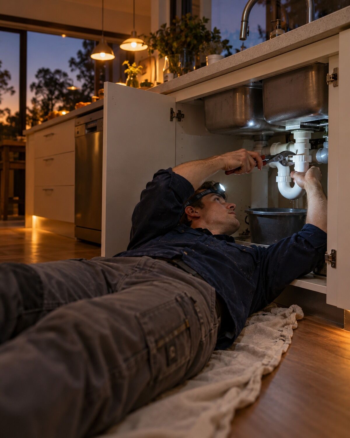 A plumber working under a kitchen sink